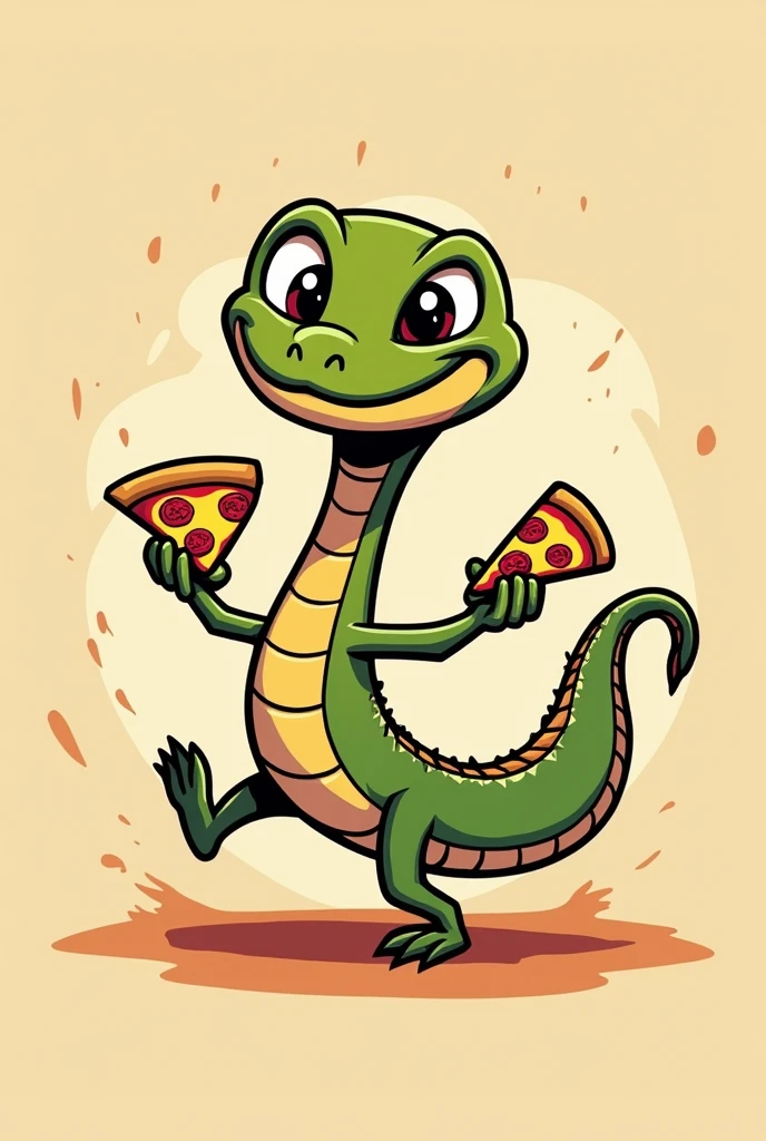 funny snake logo with arms and hair under the arm, running and holding pizza 