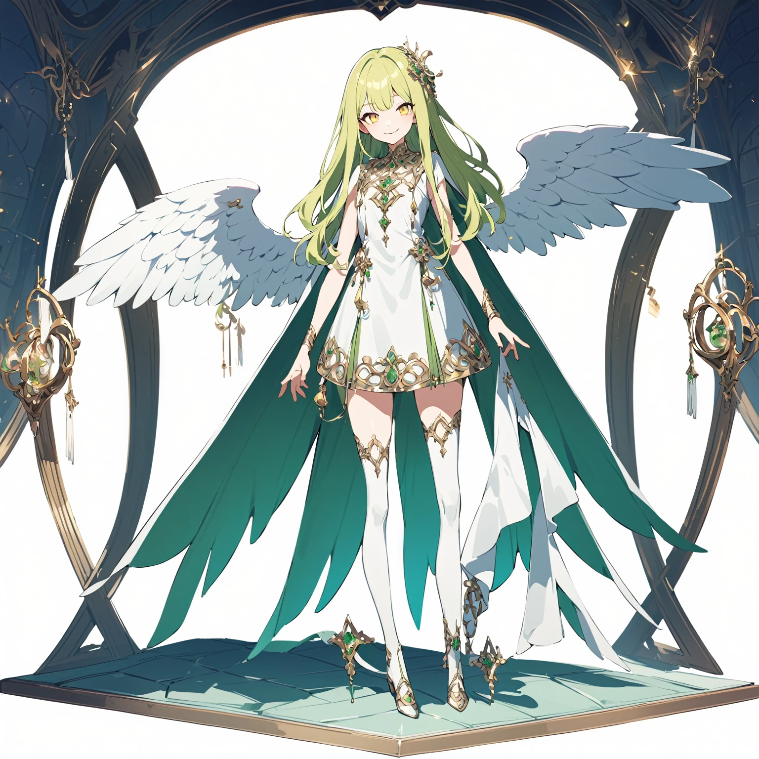 cathedral background,full body,whole body,slender,thin legs,Greenish-yellow hair，Yellow-green pupils，White clothes with green and yellow are embellished with gold and silver ornaments，She is a natural cute girl,((evil smile)),white thighhigh boots,full body,long hair,white angel wings,whole body,