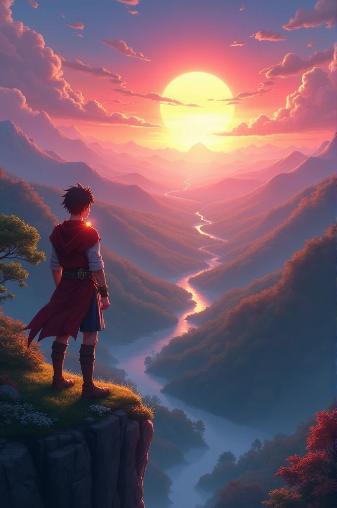 The New Dawn in Arthenia:"A beautiful, serene landscape showing the world of Arthenia healing. The sun rises over rolling hills and vibrant forests. In the foreground, the main character stands on a cliff, looking out over the land with the Crimson Amulet glowing faintly around his neck, symbolizing hope and unity."