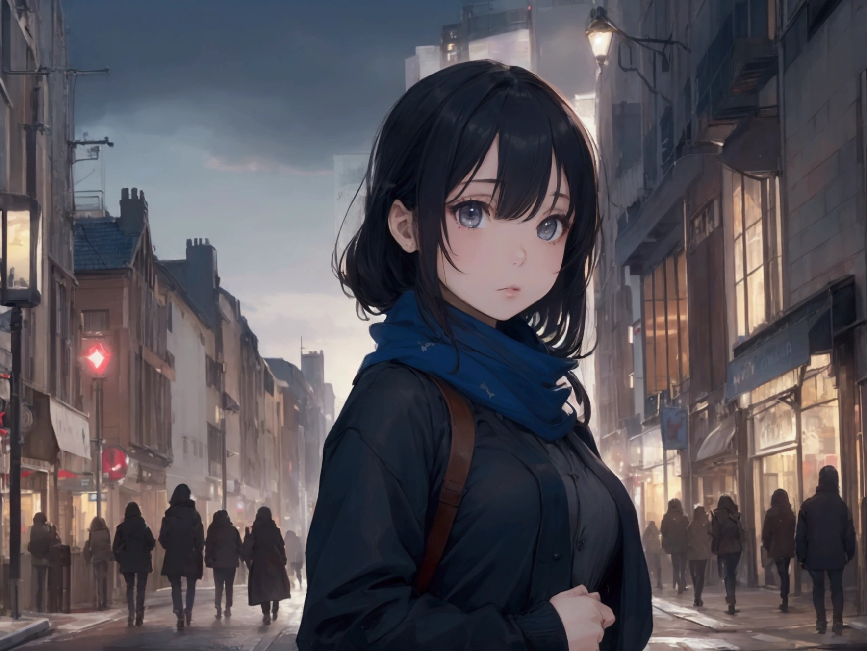 8k, Highest quality, masterpiece, Realistic, Very detailed, photo Realistic, Improvement of quality, Wearing a scarf, going out in the city(image)Photo of a girl standing, designer&#39;Dark and gloomy style, big chunks, Photobash, Calm face, Jagged Edges, navy, Natural Beauty, Full Body Shot