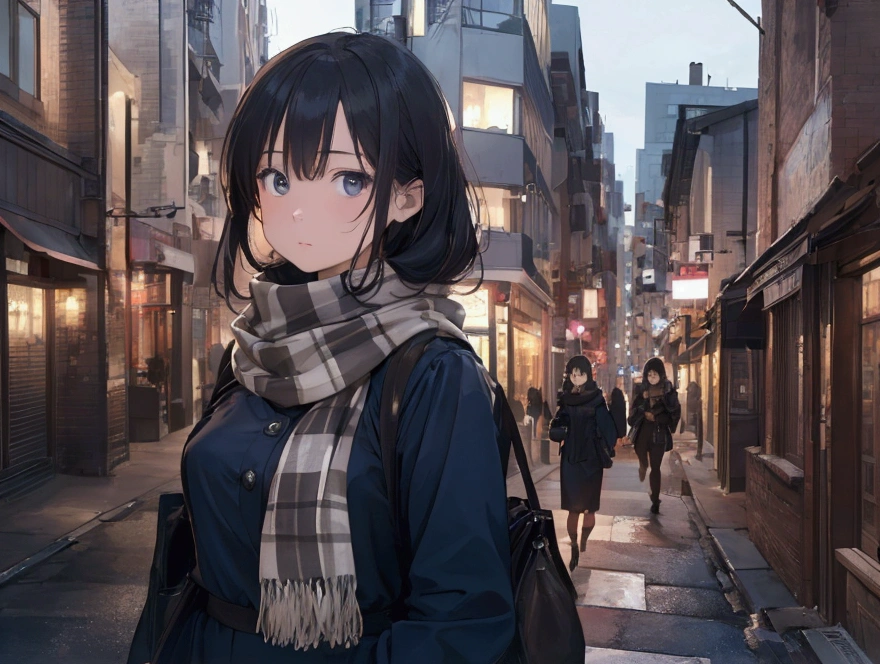 8k, Highest quality, masterpiece, Realistic, Very detailed, photo Realistic, Improvement of quality, Wearing a scarf, going out in the city(image)Photo of a girl standing, designer&#39;Dark and gloomy style, big chunks, Photobash, Calm face, Jagged Edges, navy, Natural Beauty, Full Body Shot
