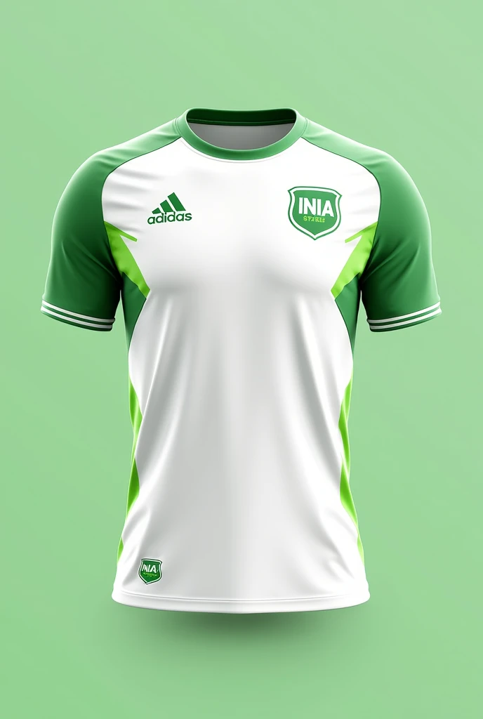 Create a soccer jersey with white and green colors that has the INIA logo as a shield