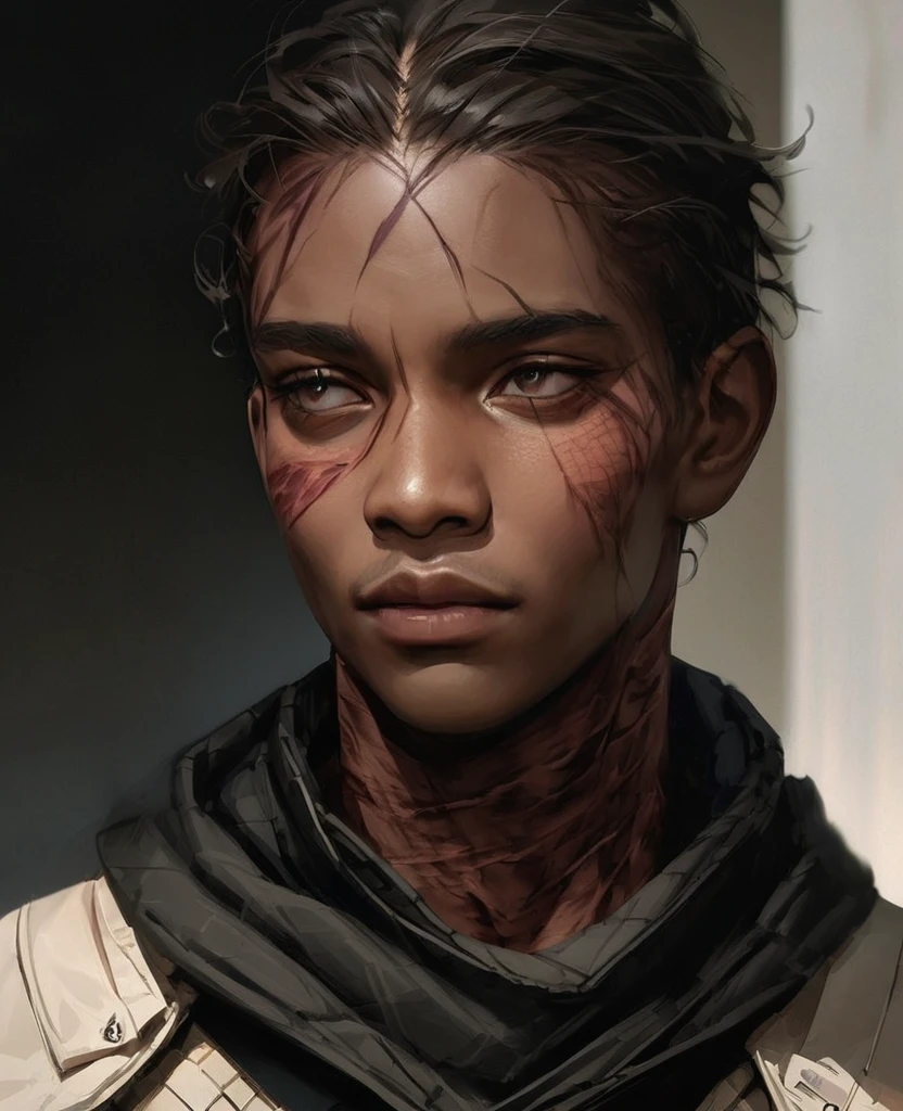 Visable burn scars, hood down, burns on lower face and neck, masterpiece, best quality, realistic, african man, dark skin, black man, african american, african features, 1man, disfigured, 21 years old, eyes visable, fit, looking worn down, kevlar armor (like swat), 