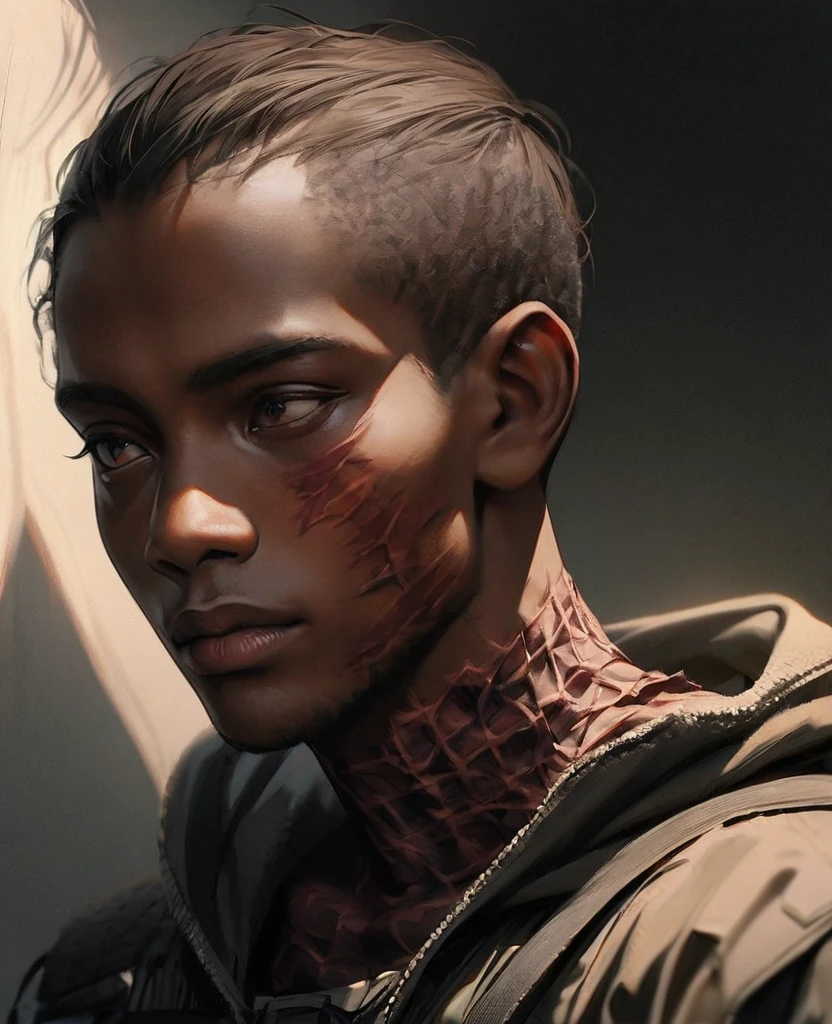 Visable burn scars, hood down, burns on lower face and neck, masterpiece, best quality, realistic, african man, dark skin, black man, african american, african features, 1man, disfigured, 21 years old, eyes visable, fit, looking worn down, kevlar armor (like swat),