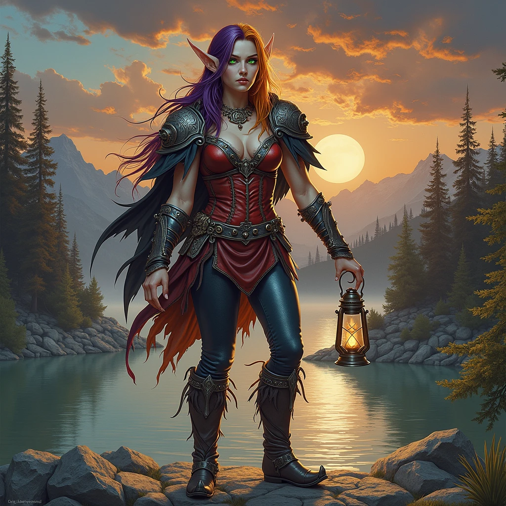 A powerful elven sorceress stands by a calm lake at dusk, holding a lantern that emits a soft golden light. She has long orange and violet hair, bright green eyes, and wears a red leather corset with a loose black cape. Her ears are pointed, and she has an air of mystery and danger about her. The background features misty mountains and a serene, misty lake, with reflections of the trees and moonlit sky.