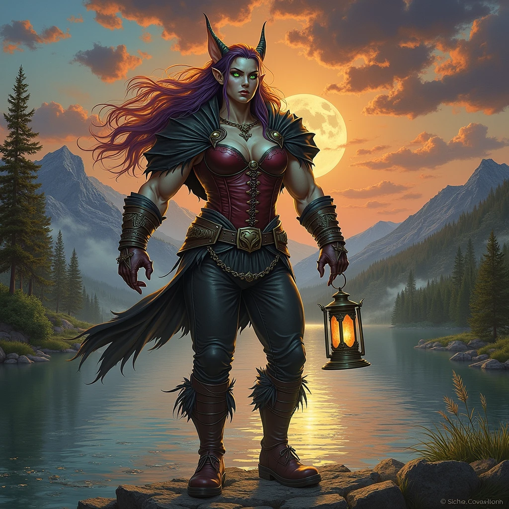 A powerful elven sorceress stands by a calm lake at dusk, holding a lantern that emits a soft golden light. She has long orange and violet hair, bright green eyes, and wears a red leather corset with a loose black cape. Her ears are pointed, and she has an air of mystery and danger about her. The background features misty mountains and a serene, misty lake, with reflections of the trees and moonlit sky.