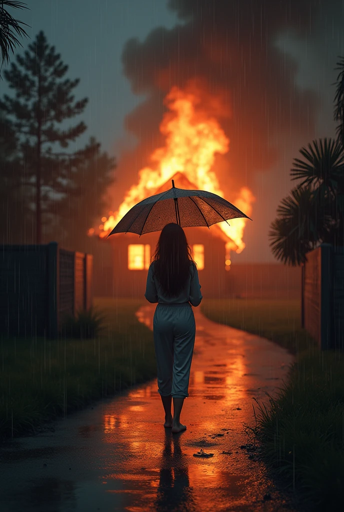 the middle of the night, she was standing outside in the pouring rain, under an umbrèlla, in her pajamas, barefoot, while her house was in flames.