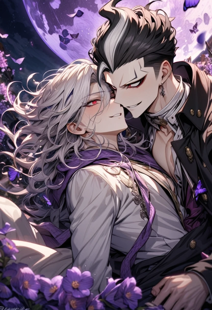absurdres, highres, ultra detailed, HDR, master piece, best quality, extremely detailed, Tanaka Gundham, black hair, expressive red eyes, Danganronpa, Krozerus, white hair, messy hair, expressive blue eyes, two sexy men together, yaoi, gay couple, handsome, handsome smile, purple scarf, black coat, white T-shirt, white coat, magical, shining, purple flowers, blossoms, water, purple petals, purple butterflies, sparkling, purple moon, starry sky