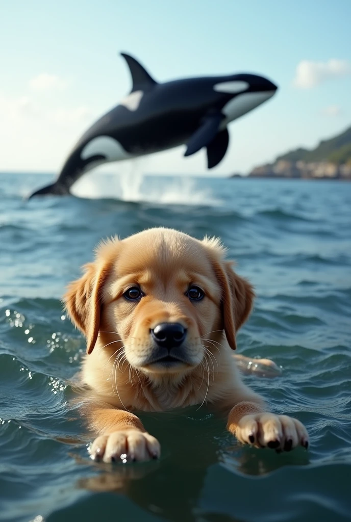Create an image of a small, frightened golden retriever puppy in the ocean, with only its head and paws visible above the water. The puppy should have big, round, sad eyes and wet fur, conveying a sense of vulnerability. In the background, depict a large killer whale (orca) breaching the water, appearing menacing as it leaps out of the ocean. The scene should be set on a clear day with a distant coastline visible on the horizon. The water should be choppy, enhancing the sense of danger.