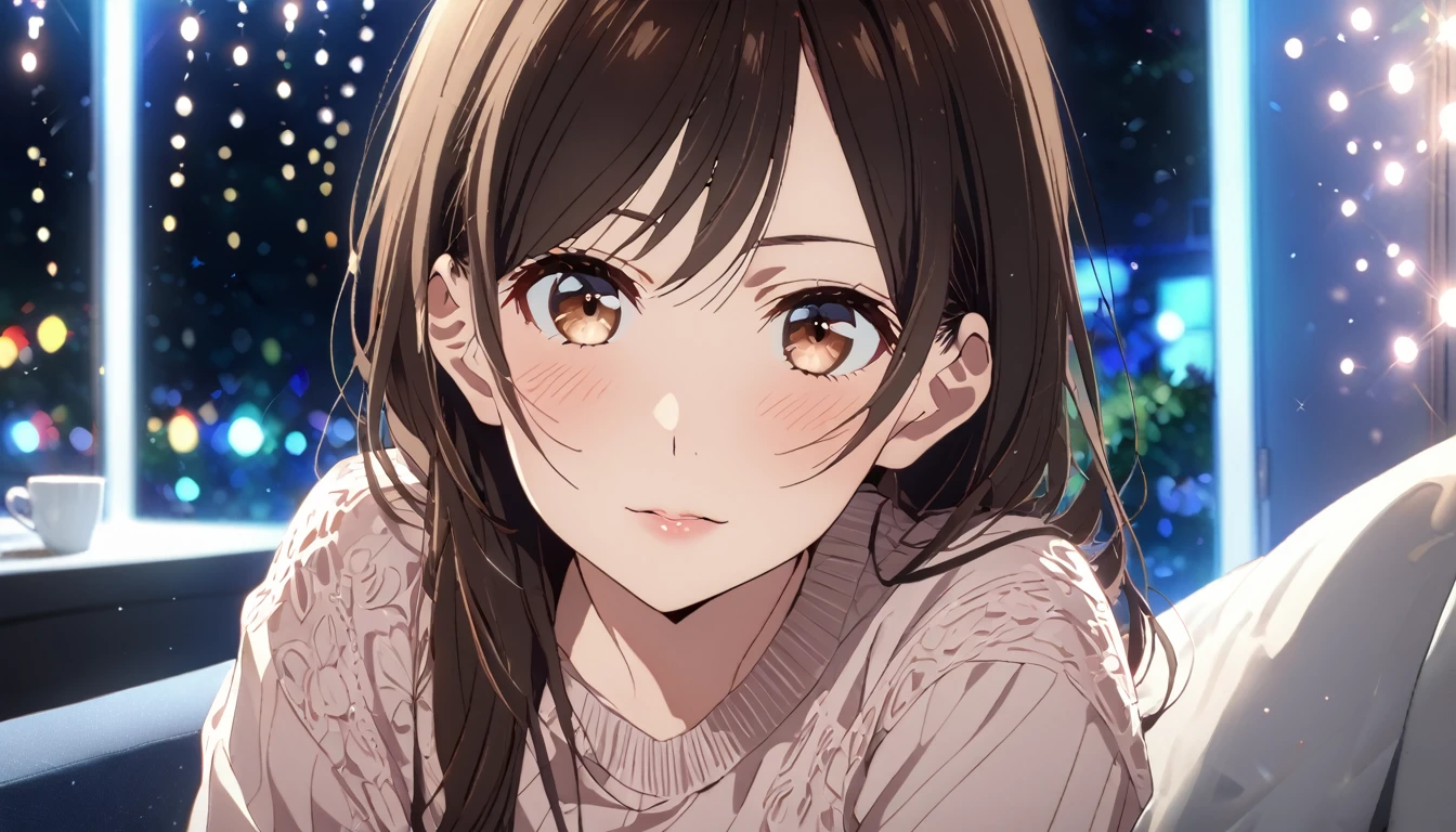 glittering lights, work of art, ultra detaild, Definition of 8k, beautiful  face, 1 girl, Chizuru Ichinose , casual clothes, women&#39;s shoulder bag, slightly slouched posture, closed mouth smile slim body, Fine body, ideal body, sexly, delicious, fully body, Tokyo city, people passing on the street, アニメ, chestnut hair, eyes browns, アニメ, long hair
