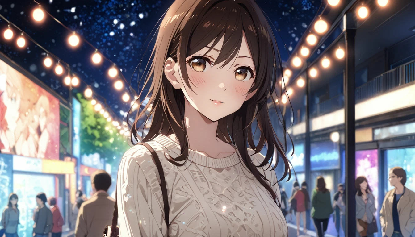 glittering lights, work of art, ultra detaild, Definition of 8k, beautiful  face, 1 girl, Chizuru Ichinose , casual clothes, women&#39;s shoulder bag, slightly slouched posture, closed mouth smile slim body, Fine body, ideal body, sexly, delicious, fully body, Tokyo city, people passing on the street, アニメ, chestnut hair, eyes browns, アニメ, long hair
