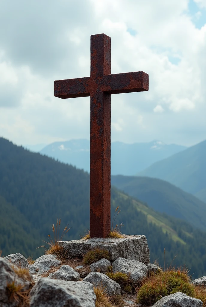 Rusty iron cross on a mountain