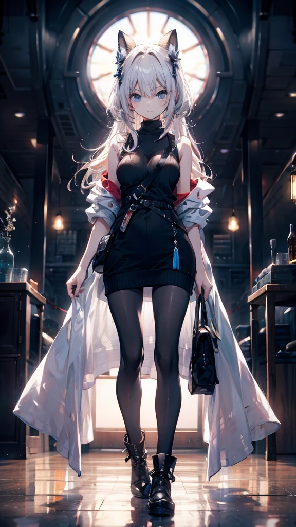 long hair,thin,,Clarity,high-definition,big eyes,Blue Eyes,Facing the audience,beauty,Extremely high image quality,超Clarity的画面,modern style,Long boots,Sleeveless sweater