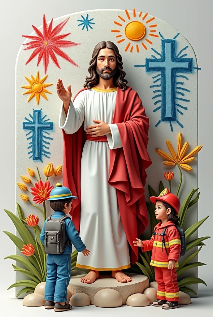 Drawing of children's images of military navy army and firefighters next to jesus in 3d