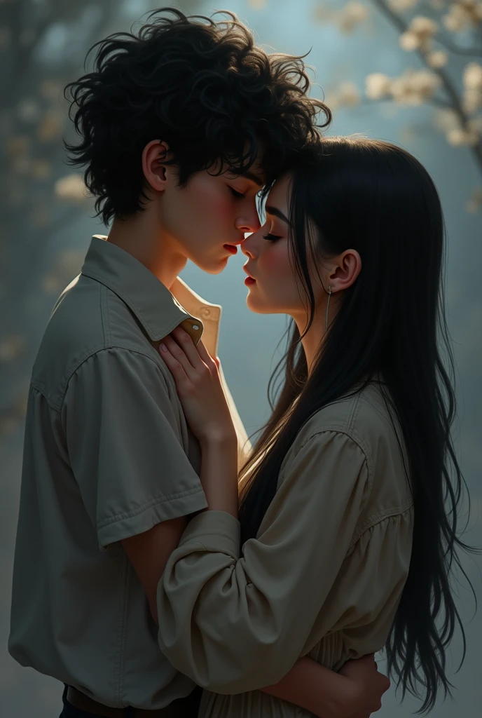A dark-haired boy with curly hair hugging a dark-haired girl with straight black hair