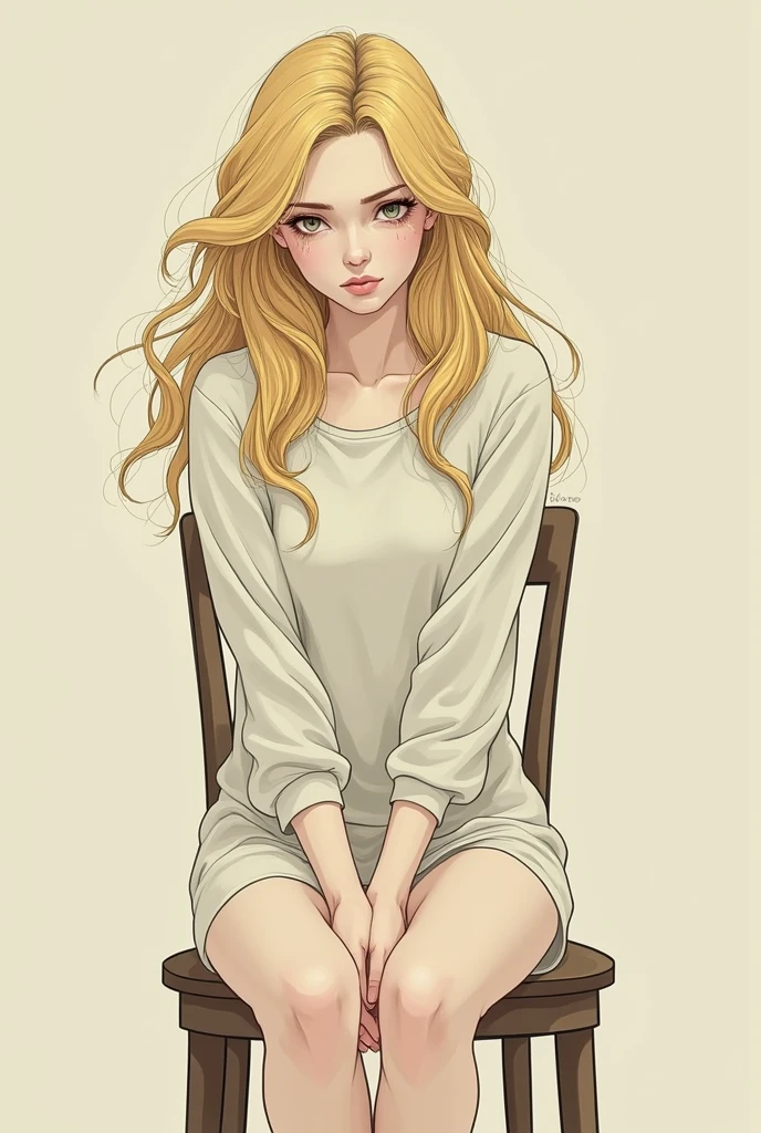 1D drawing of blonde woman sitting on chair crying
