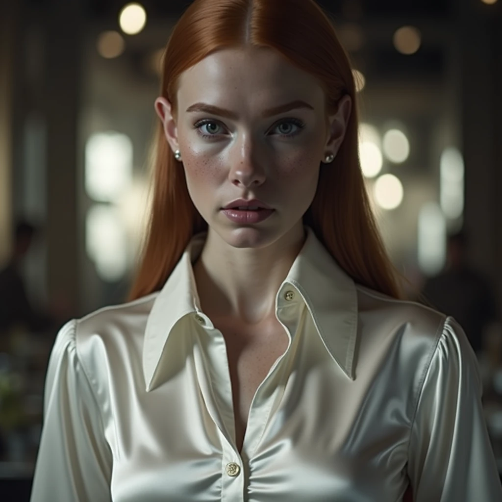 cinematic lighting, hyperrealistic, 8k, highly detailed, photorealistic, masterpiece, beautiful busty ginger woman, freckles, satin white button blouse, long orange hair, big breasts, cleavage, nervously staring directly at viewer