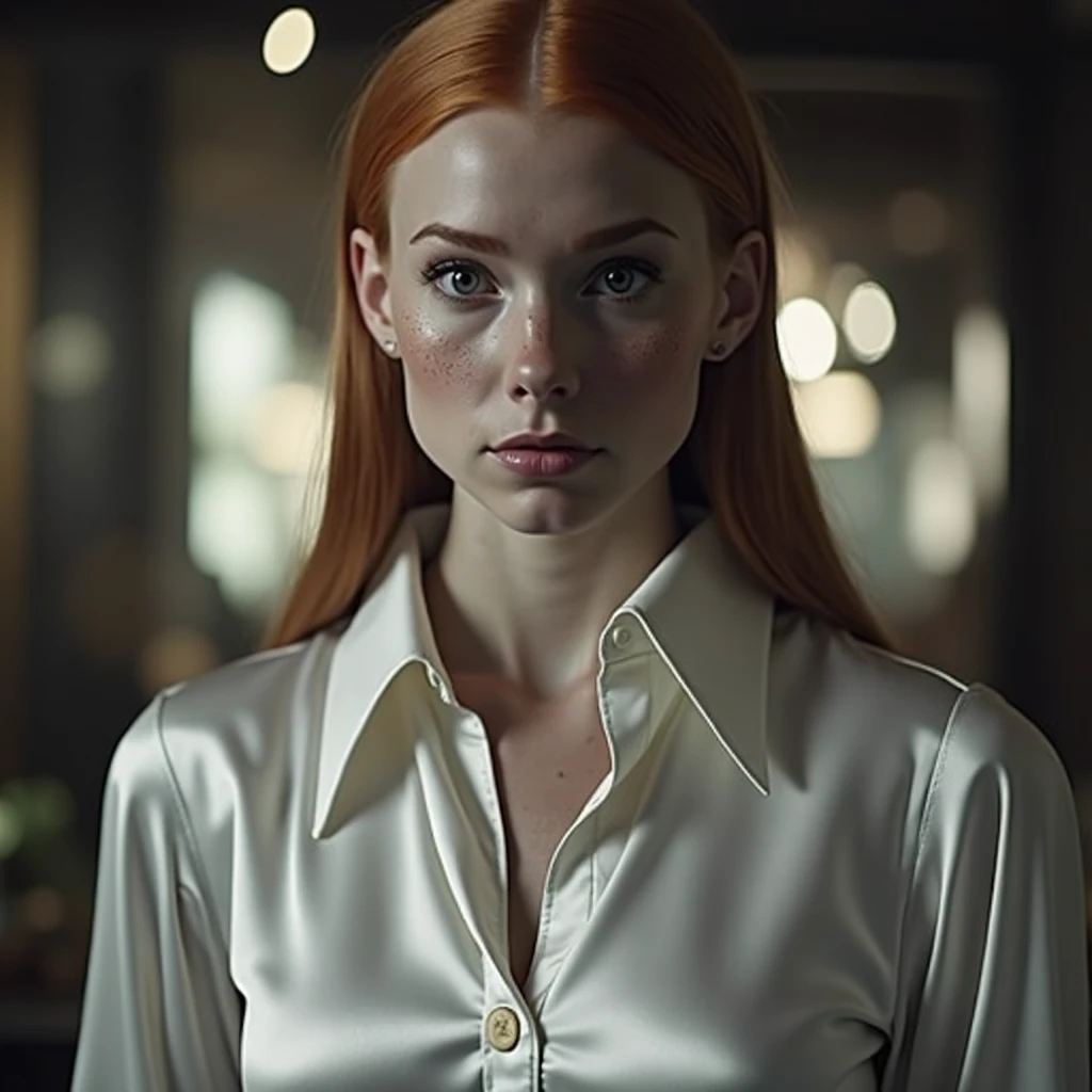 cinematic lighting, hyperrealistic, 8k, highly detailed, photorealistic, masterpiece, beautiful busty ginger woman, freckles, satin white button blouse, long orange hair, big breasts, cleavage, nervously staring directly at viewer