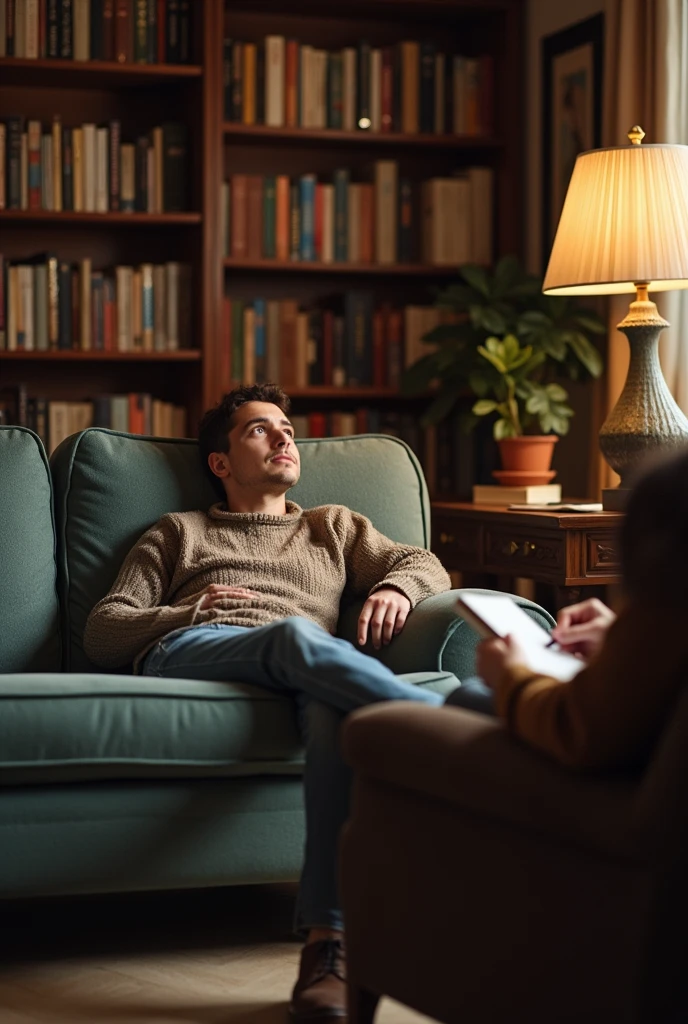 a person lying on a couch looking up, accompanied by another person sitting in another armchair writing in a notebook in a room with books