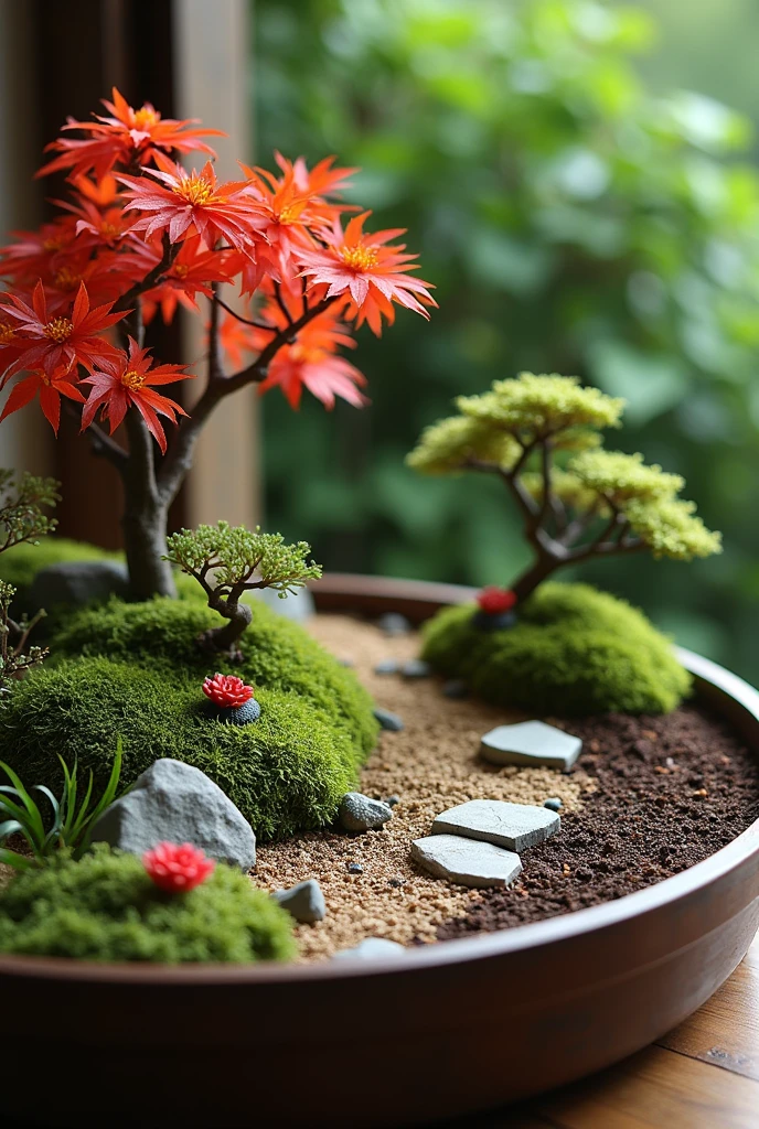 Create me a Japanese garden , in a 60cm by 60cm garden tub ,which is already filled with earth