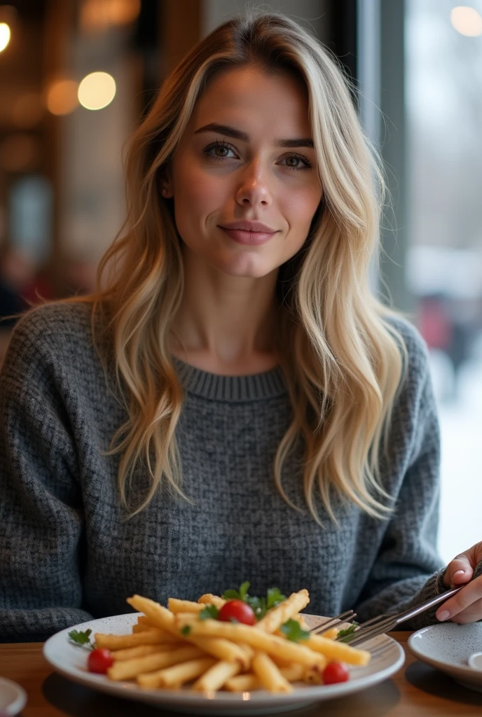 (masterpiece:1.3),(highly detailed:1.3),(highres:1.1),best quality ,Ultra-detail ,1 russian sexy mother with brown eye, (((solo, Looking at Viewer in a face pose))), realistic, epic, natural lighting, blush, (((blonde hair, brown eye, thin face, chubby body, gorgeous girl))), curvy body, ((indoor, seating in a restaurant with a raclette plate, winter, snow)), (((grey wool sweater))), seductive smile,, intricate scenery fine details, hyper realistic)) (full body view)