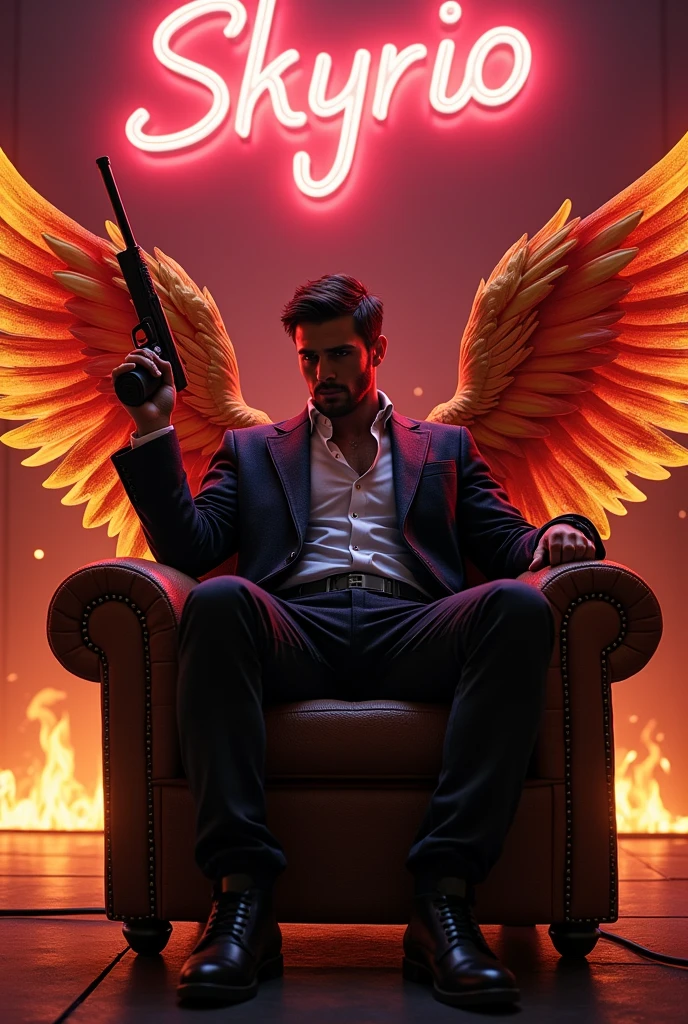 handsome gangster with phoenix wings holding a gun sitting on a chair with a phoenix bird on the side fire background sign with skyrio letter