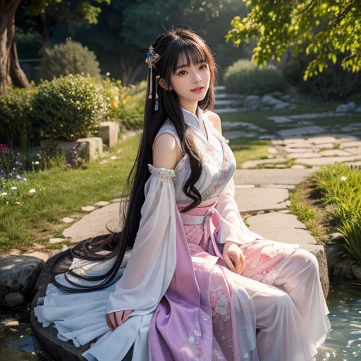 best quality, Delicate face,beautiful visual work, lifelike, eternity, black hair, Long curly hair, blunt bangs, Smile, Detailed Background, Delicate face,blush,cold,((masterpiece))、(top quality)、8k、high detail、Super detailed,21 years old female,Wearing Tang Dynasty Hanfu、waist skirt, Clothes are light and fluffy,Hanfu, wide sleeves, Transparent sleeves, Tunic, Clothes made of chiffon, Seductive and whimsical style、masterpiece、born、Scenes resembling fairy tale illustrations、Intricate details and complex designs、Beautifully、magic、capricious、 Beautifully、Dream aesthetics、「𝓡𝓸𝓶𝓪𝓷𝓽𝓲𝓬、ethereal、charming、fickle、magic」、Realism、Visual effects、FXAA、SSAO、Shaders、voiceless、ambient lighting、Tone mapping、High resolution、Ultra high quality、Million pixels、(8K resolution:1.10)、8k、Below 8K、8K resolution、high detail、intricate details, (high quality:1.2、masterpiece:1.2、:1.21)、(21 years old female:1.21)、(Smile excitedly)、(Surrounded by a dream-like atmosphere、Model diagram,full-body shot,Normal 2 feet,Put your hands behind you,The protrusion of the breast is visible when wearing clothes, Large Breasts, H cup chest, antiquity, Xian Xia, gauze clothes, Soft and fluttering, Fairy, dream, fantasy, light, elegant, nature, Immortal, romantic, classical, ribbon, light purple clothes, By the stream