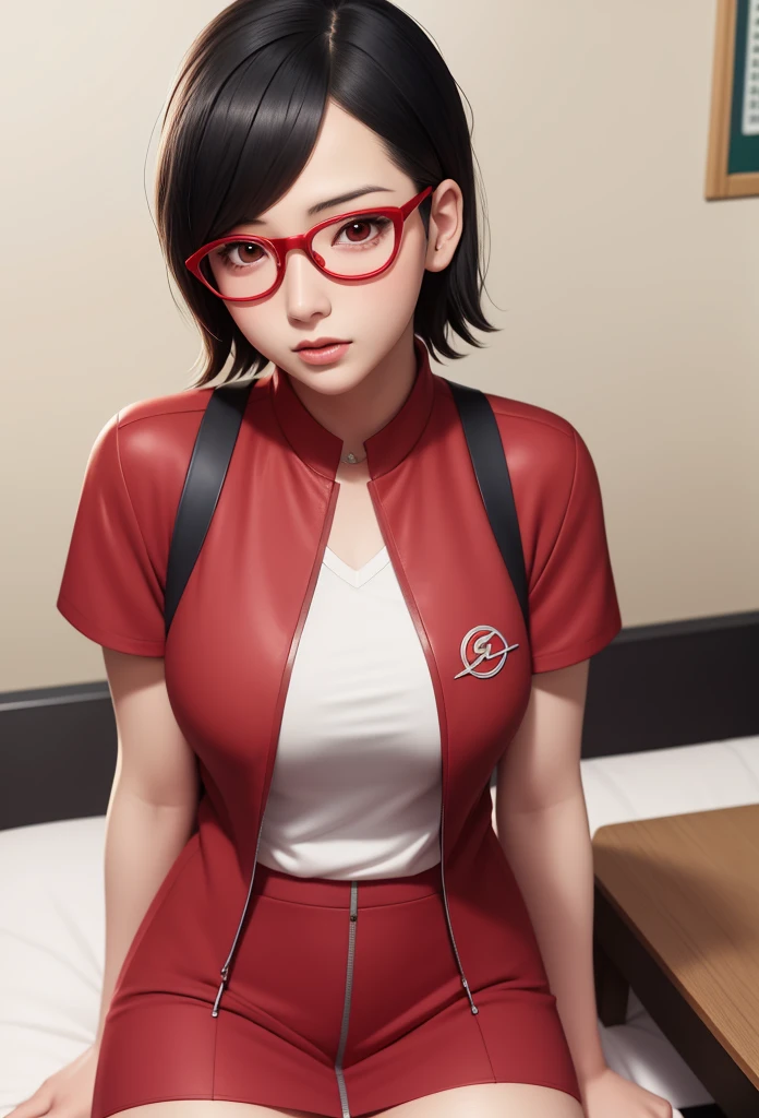 Masterpiece,Solo,One Girl,Sarada Uchiha,(Boruto),Big Breasts,Perfect Body,Ultra High Quality,Ultra High Resolution,Photograph 16K,Ultra Detailed,Short Hair,Glasses,Theme School Girl,School Girl Short Sleeve Suit Japanese,Beautiful,Beautiful Woman,Classroom Background,Short Skirt