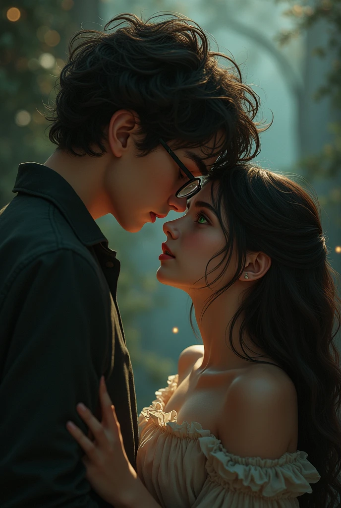 long hair girl, Dark brown color, light brown eyes, short, skinny, next to a boy, dark brown curly hair, green eyes, with glasses, tall, in a possessive and sexy environment