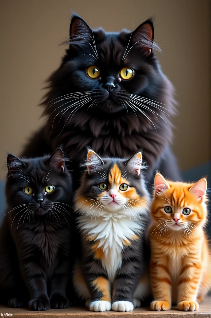 Create a sub realistic image of an extreme black Persian cat (big) by the wide, an extreme calico Persian cat (combined color of black, gray, white and orange) (Median) by the wide y un gatico persa extremo color naranja (little) short hair.