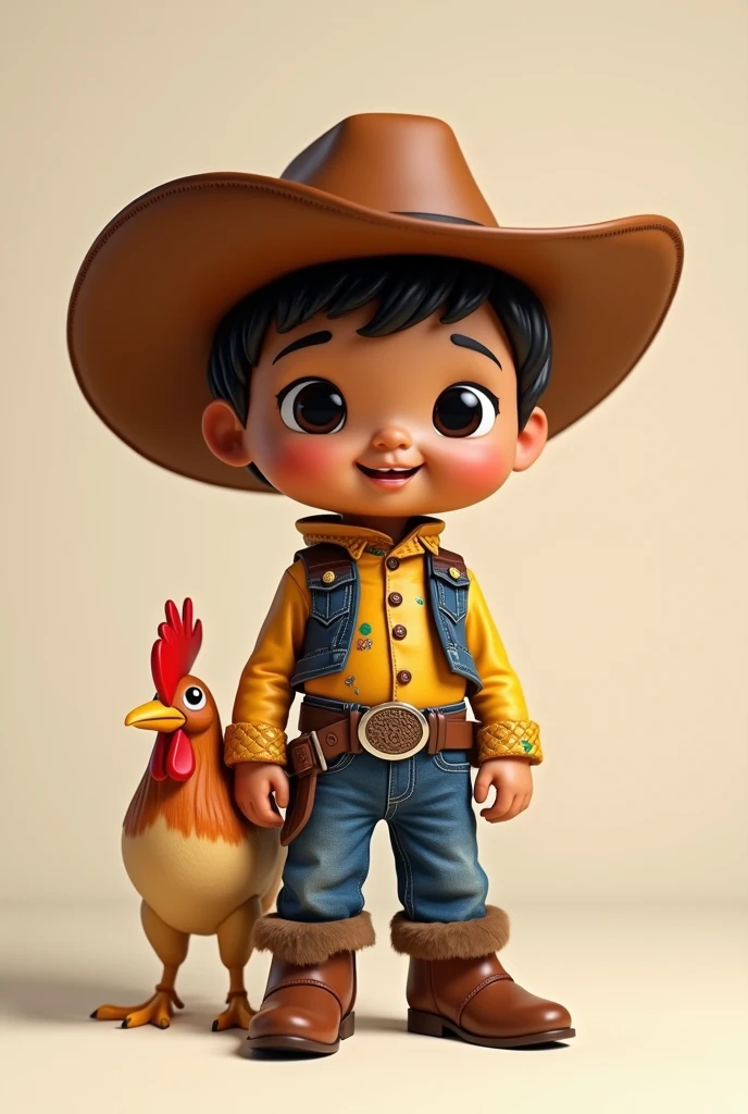 Funko, child, with cowboy hat, with Chinese, blue jeans, brown skin, 
boots and a pet rooster 