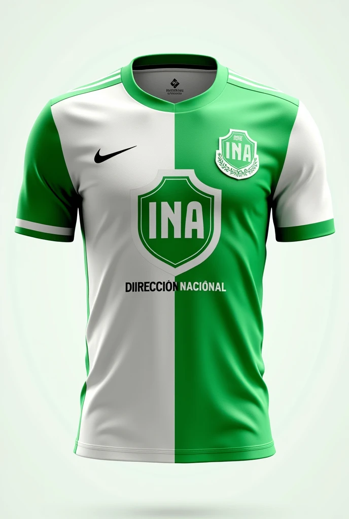Create a soccer jersey with white and green colors that has the INIA logo as a shield and the sponsor should say DIRECCION NACIONAL
