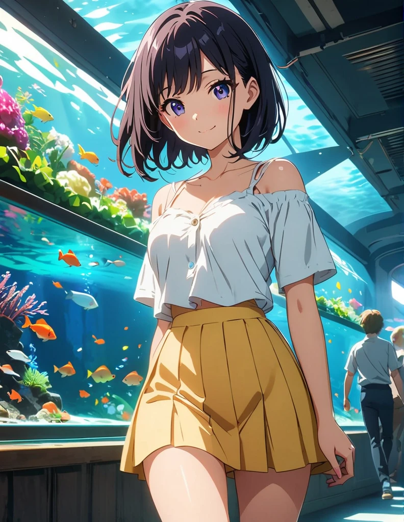 (anime artwork, anime style, studio anime, very detailed, up to date, vibrant, Anime Coloring, high contrast, masterpiece:1.2, best quality, best aesthetics),1 girl, Medium chest, A glimpse of thighs,happy,aquarium,light smile, summer clothes,crowd,