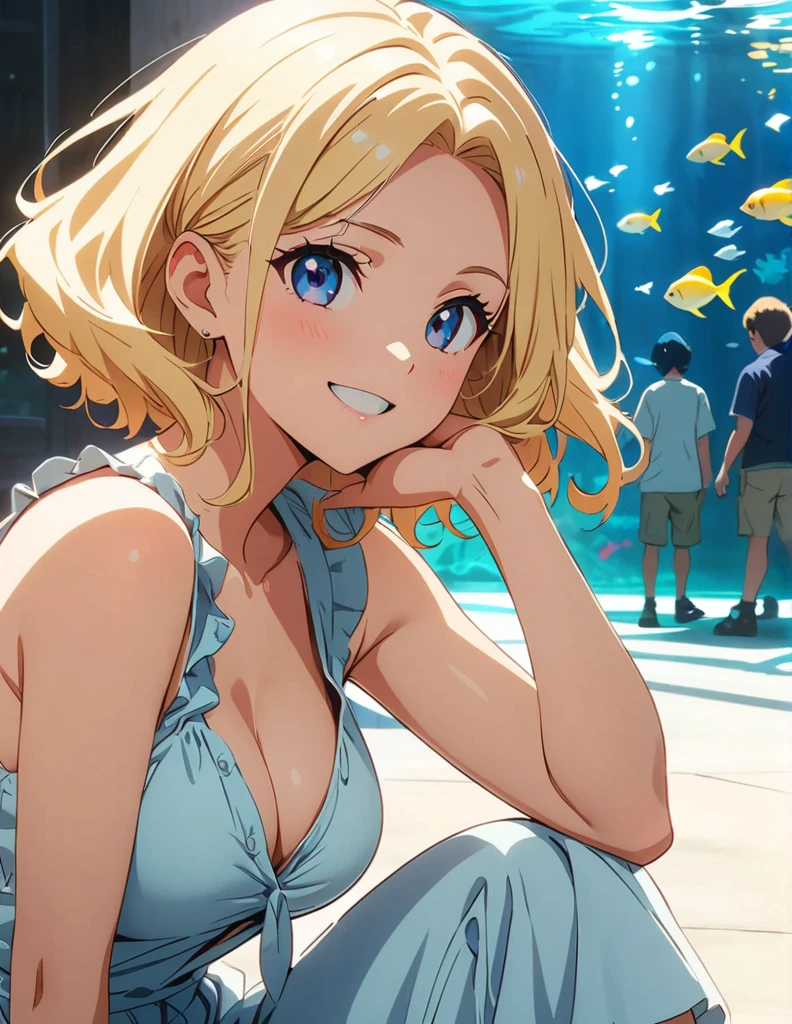 (anime artwork, anime style, studio anime, very detailed, up to date, vibrant, Anime Coloring, high contrast, masterpiece:1.2, best quality, best aesthetics),1 girl, Medium chest, A glimpse of thighs,happy,aquarium,light smile, summer clothes,crowd,