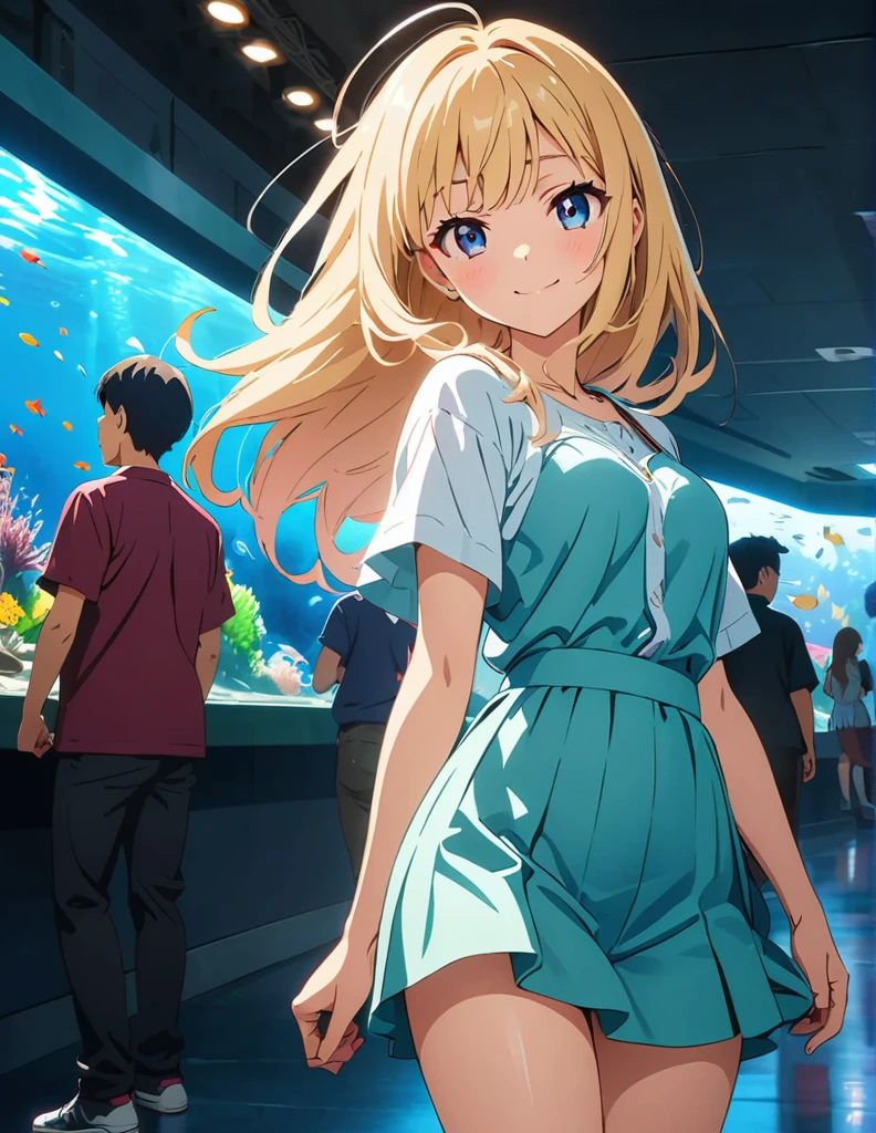 (anime artwork, anime style, studio anime, very detailed, up to date, vibrant, Anime Coloring, high contrast, masterpiece:1.2, best quality, best aesthetics),1 girl, Medium chest, A glimpse of thighs,happy,aquarium,light smile, summer clothes,crowd,