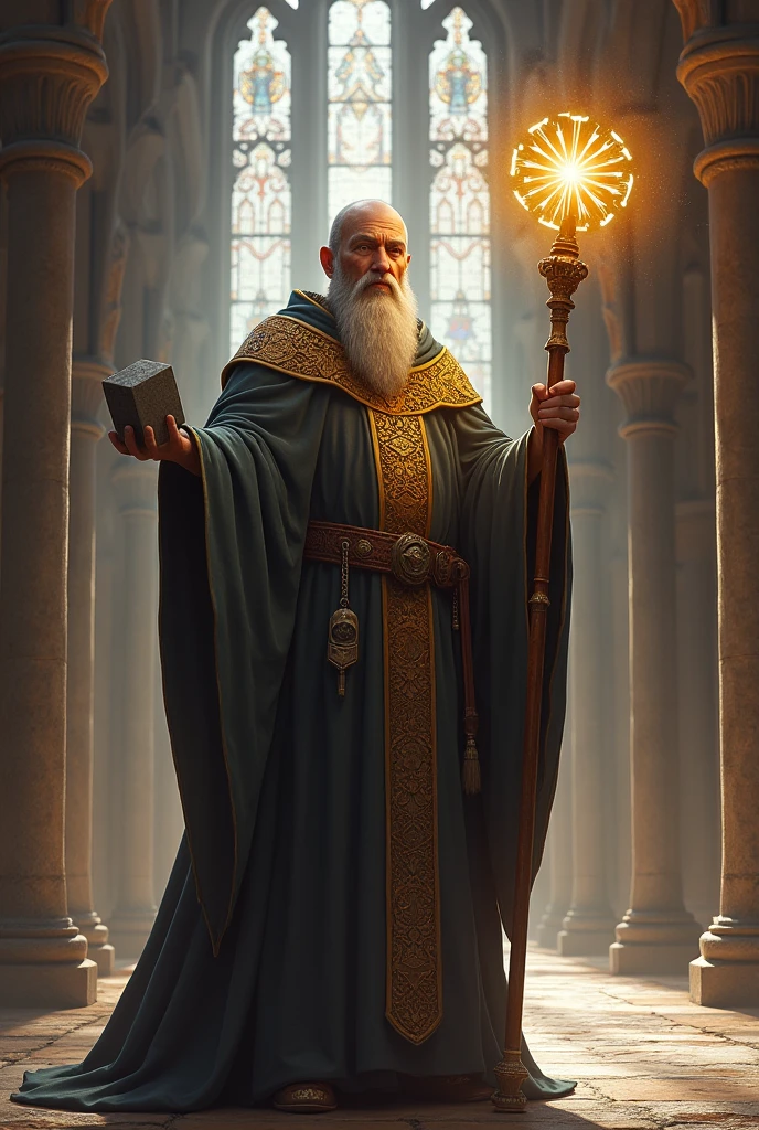 RPG cleric with a small hammer and a staff with halos