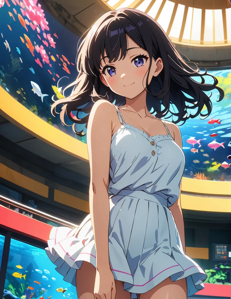 (anime artwork, anime style, studio anime, very detailed, up to date, vibrant, Anime Coloring, high contrast, masterpiece:1.2, best quality, best aesthetics),1 girl, Medium chest, A glimpse of thighs,happy,aquarium,light smile, summer clothes,crowd,