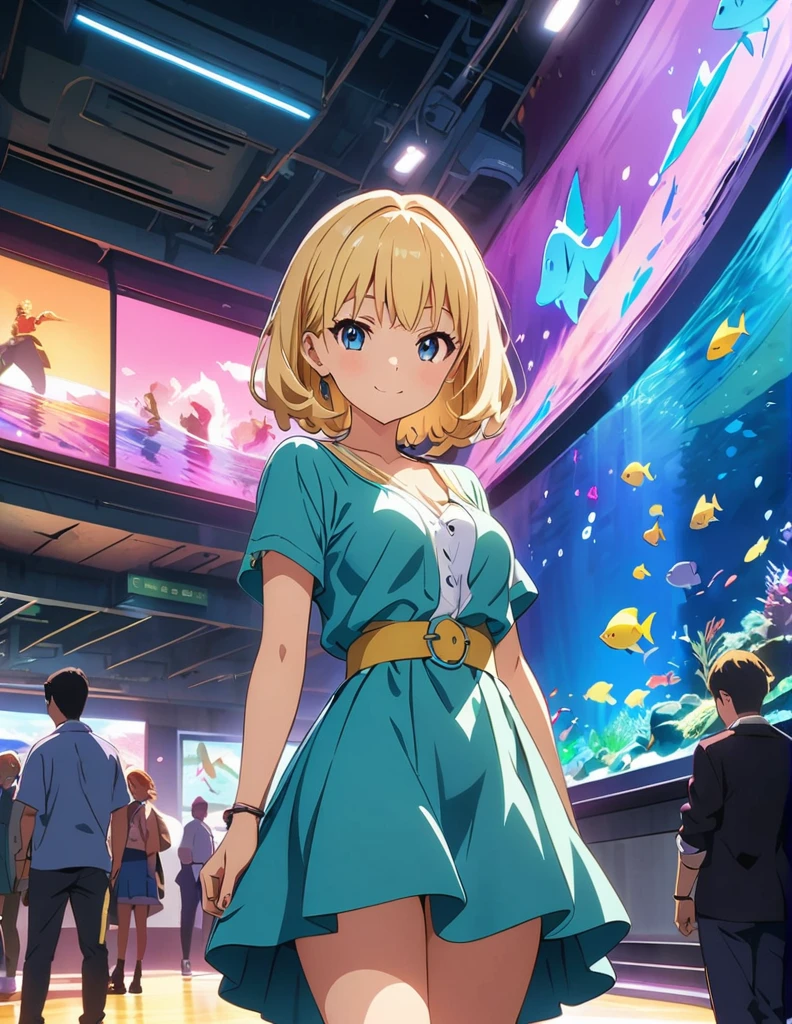 (anime artwork, anime style, studio anime, very detailed, up to date, vibrant, Anime Coloring, high contrast, masterpiece:1.2, best quality, best aesthetics),1 girl, Medium chest, A glimpse of thighs,happy,aquarium,light smile, summer clothes,crowd, 