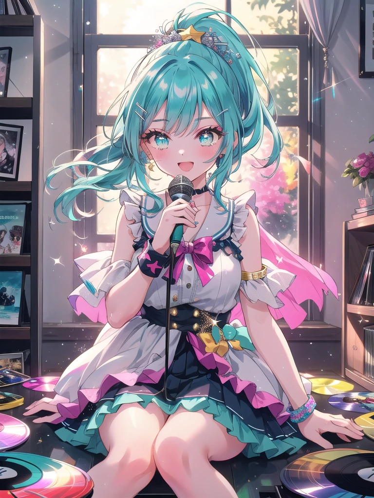 ((8k, Highest quality, masterpiece: 1.3)),Ultra-high resolution,(1 girl, alone), (Color changing eyes, Ultra-detailed, Expressive brilliance, Glitter, Glowing Eyes), Highly detailed eyes, Highly detailed face, Random Hair, ((pastel colour)),A cheerful young woman with pastel teal hair styled into a high ponytail, sitting on her bed, surrounded by scattered cosplay accessories. It’s mid-morning, and the room is filled with bright, natural light coming through the window. She is dressed in a retro idol cosplay, wearing a colorful, glittery dress with a short pleated skirt, matching wristbands, and a star-shaped hairclip. The camera captures her from a slightly elevated angle as she practices her dance moves while sitting, her face beaming with excitement. Her room is filled with posters of famous idols, a microphone stand in the corner, and a shelf lined with CDs and vinyl records, reflecting her love for music and performance,(nsfw)