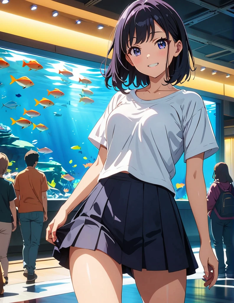 (anime artwork, anime style, studio anime, very detailed, up to date, vibrant, Anime Coloring, high contrast, masterpiece:1.2, best quality, best aesthetics),1 girl, Medium chest, A glimpse of thighs,happy,aquarium,light smile, summer clothes,crowd, 