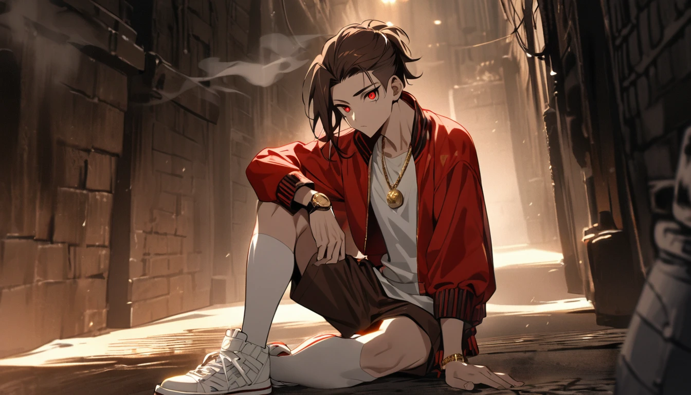 Solitary, Handsome, 1 male, Dark brown long hair ponytail, Side shaved hair,Red Eye, hip hop wear,White top,Red loose baseball jacket, Light brown loose knee shorts,white stockings,white sneakers,Wearing a gold watch on the left hand,Wear a gold necklace, Sharp eyes,Dark Alley Background,smoke surround,