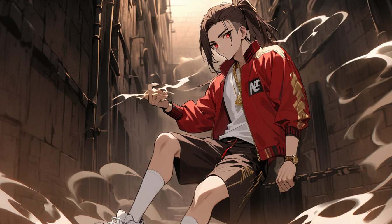 Solitary, Handsome, 1 male, Dark brown long hair ponytail, Side shaved hair，Red Eye, hip hop wear，White top，Red loose baseball jacket, Light brown loose knee shorts，white stockings，white sneakers，Wearing a gold watch on the left hand，Wear a gold necklace, Sharp eyes，Dark Alley Background，smoke surround，