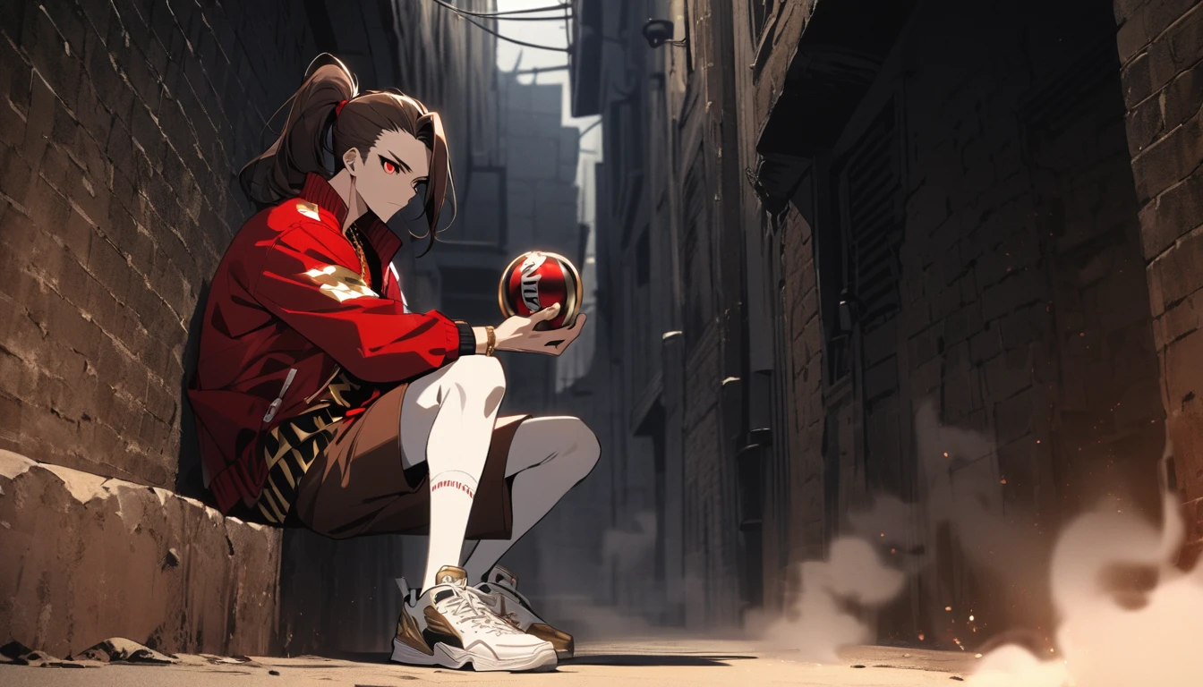 Solitary, Handsome, 1 male, Dark brown long hair ponytail, Side shaved hair,Red Eye, hip hop wear,White top,Red loose baseball jacket, Light brown loose knee shorts,white stockings,white sneakers,Wearing a gold watch on the left hand,Wear a gold necklace, Sharp eyes,Dark Alley Background,smoke surround,