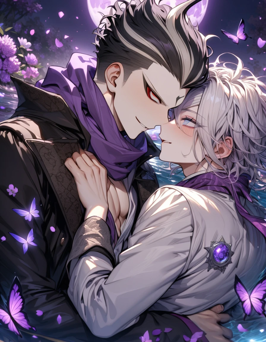 absurdres, highres, ultra detailed, HDR, master piece, best quality, extremely detailed, Tanaka Gundham, black hair, expressive red eyes, Danganronpa, Krozerus, white hair, messy hair, expressive blue eyes, two sexy men together, yaoi, gay couple, handsome, handsome smile, purple scarf, black coat, white T-shirt, white coat, magical, shining, purple flowers, blossoms, water, purple petals, purple butterflies, sparkling, purple moon, starry sky