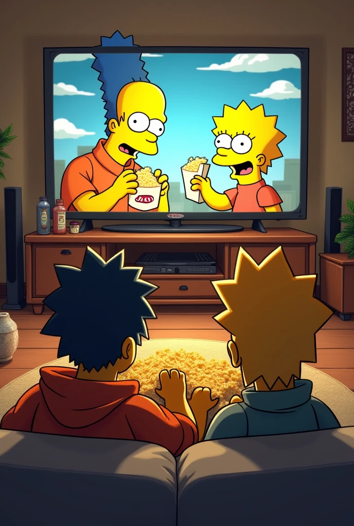 Yasuo and Naruto, sitting on the couch eating grated cheese and watching the simpsons making cheese