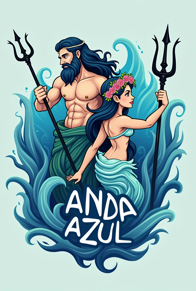 Create a brand logo where you will write ONDA AZUL in front and you will put POSEIDON and IARA