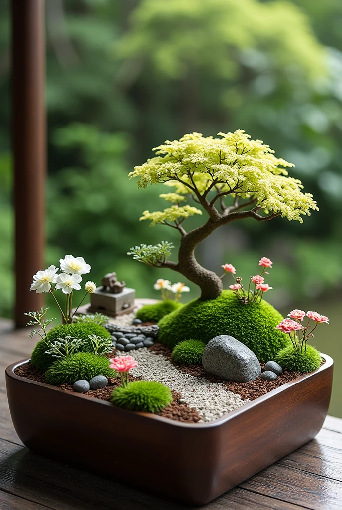 Create me a Japanese garden , in a 60cm x 60cm square garden tub ,which is already filled with earth