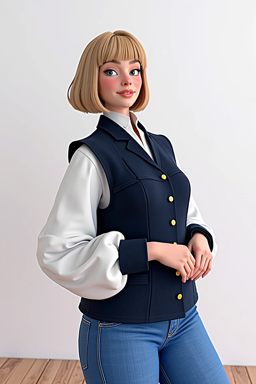 Cartoon character of a woman with blonde bob hair and bangs,  white mantle shirt overlaid with navy blue button-down vest, animation character, stylized character, animation style rendering, 3d stylized, Arnold Maya rendering, Stylized 3D rendering, toon render screenshot, 3d character, 3d character, Stylized 3D rendering, 3D character rendering, cartoon character, Personagem de close up, character posing,  (Pixar-style) (master part:1.2) (bokeh) (best qualityer) (skin detailed) (detailed texture) (8k) (Argilla) (cinematic lighting) (sharp focus