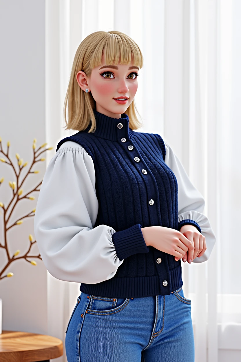 Cartoon character of a woman with blonde bob hair and bangs, white mantle shirt overlaid with navy blue button-down vest, animation character, stylized character, animation style rendering, 3d stylized, Arnold Maya rendering, Stylized 3D rendering, toon render screenshot, 3d character, 3d character, Stylized 3D rendering, 3D character rendering, cartoon character, Personagem de close up, character posing, (Pixar-style) (master part:1.2) (bokeh) (best qualityer) (skin detailed) (detailed texture) (8k) (Argilla) (cinematic lighting) (sharp focus