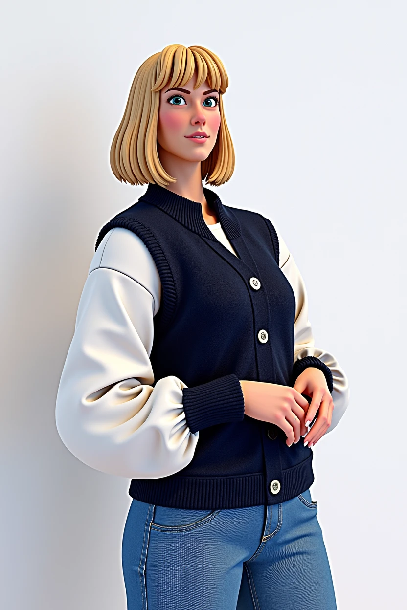 Cartoon character of a woman with blonde bob hair and bangs, white mantle shirt overlaid with navy blue button-down vest, animation character, stylized character, animation style rendering, 3d stylized, Arnold Maya rendering, Stylized 3D rendering, toon render screenshot, 3d character, 3d character, Stylized 3D rendering, 3D character rendering, cartoon character, Personagem de close up, character posing, (Pixar-style) (master part:1.2) (bokeh) (best qualityer) (skin detailed) (detailed texture) (8k) (Argilla) (cinematic lighting) (sharp focus